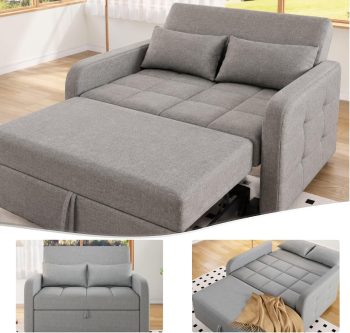 Slaapbank 180 x 110 cm met 3-traps verstelbare rugleuning, slaapbank met slaapfunctie, 3-in-1 slaapbank met kussens, opklapbaar sofabed van linnen 2-zits voor gastenkamers en kleine ruimtes, grijs