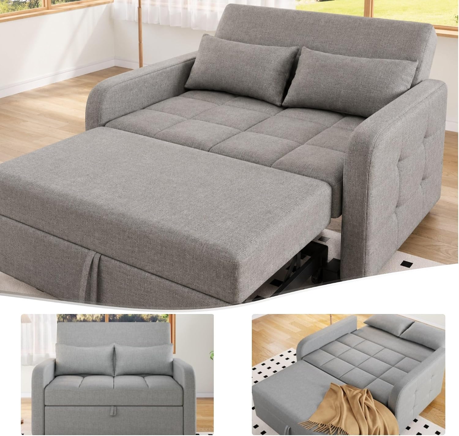 Slaapbank 180 x 110 cm met 3-traps verstelbare rugleuning, slaapbank met slaapfunctie, 3-in-1 slaapbank met kussens, opklapbaar sofabed van linnen 2-zits voor gastenkamers en kleine ruimtes, grijs
