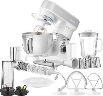 Sencor Multifunctionele keukenmachine, extra uitgerust, krachtig, 1200 W, complete accessoires, grote stalen kom 5 l, ledverlichting, mixer, vleesmolen, koekjesmaker en magnetisch deksel