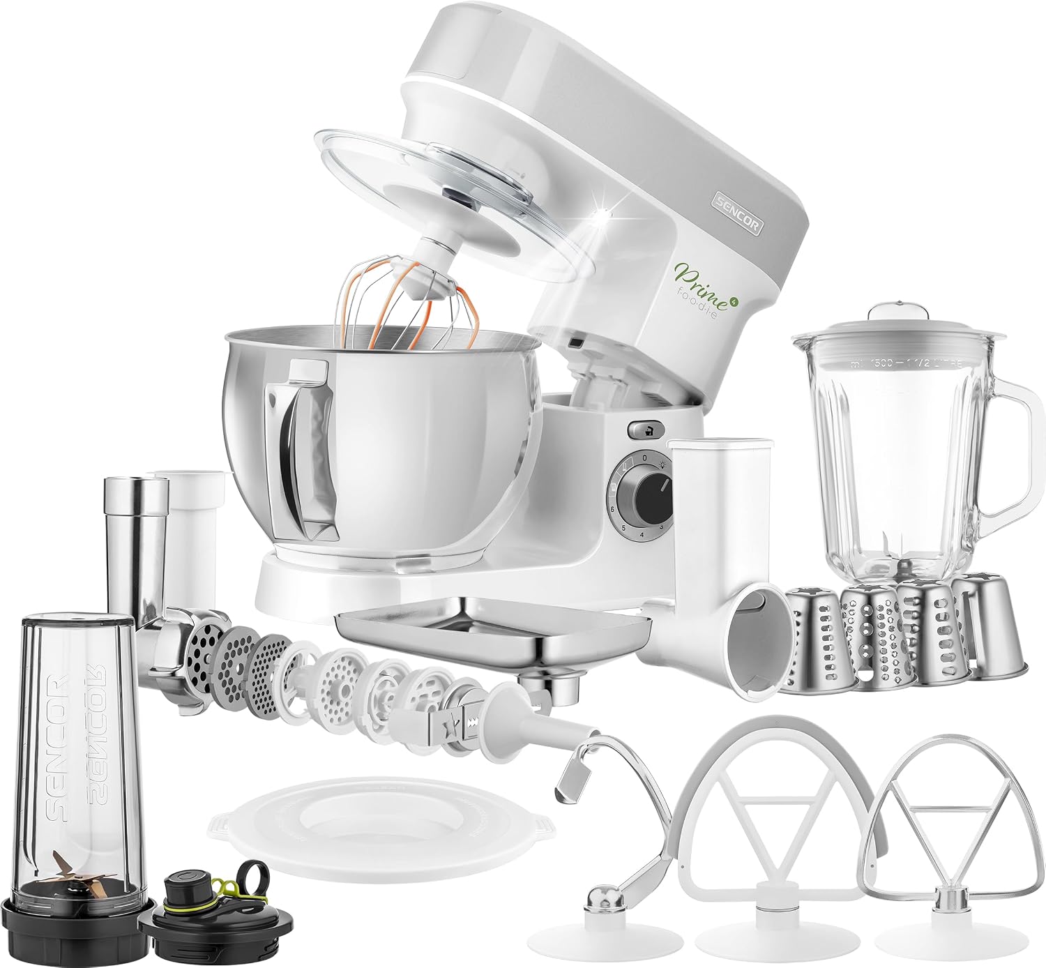 Sencor Multifunctionele keukenmachine, extra uitgerust, krachtig, 1200 W, complete accessoires, grote stalen kom 5 l, ledverlichting, mixer, vleesmolen, koekjesmaker en magnetisch deksel