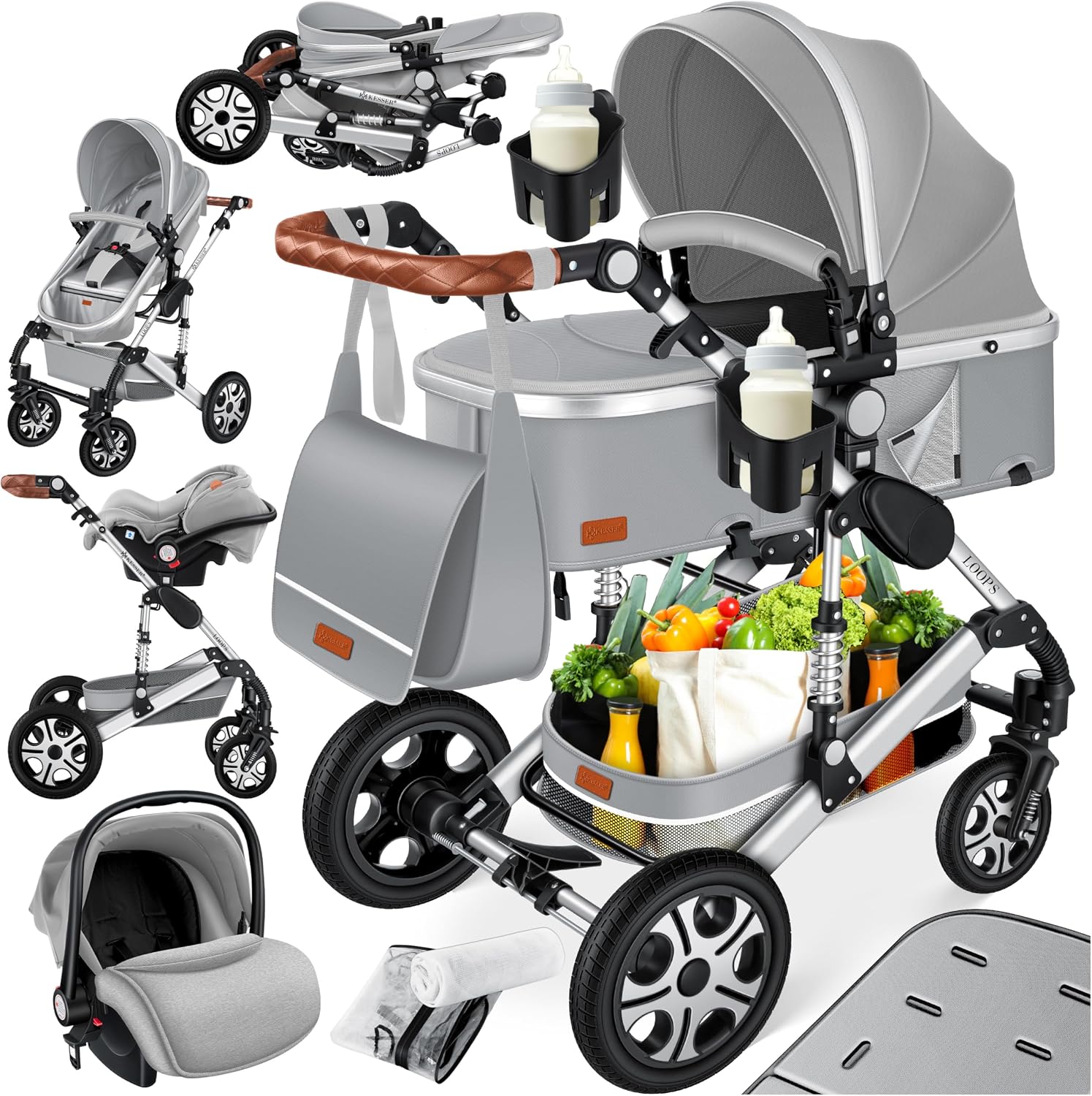 KESSER Loops 3-in-1 kinderwagen, combi-kinderwagen, complete set inclusief Babywieg & buggy sportzitje & autozitje - volledig rubberen banden - luiertas / regenbescherming / kindertafelset, asfalt grijs/zilver