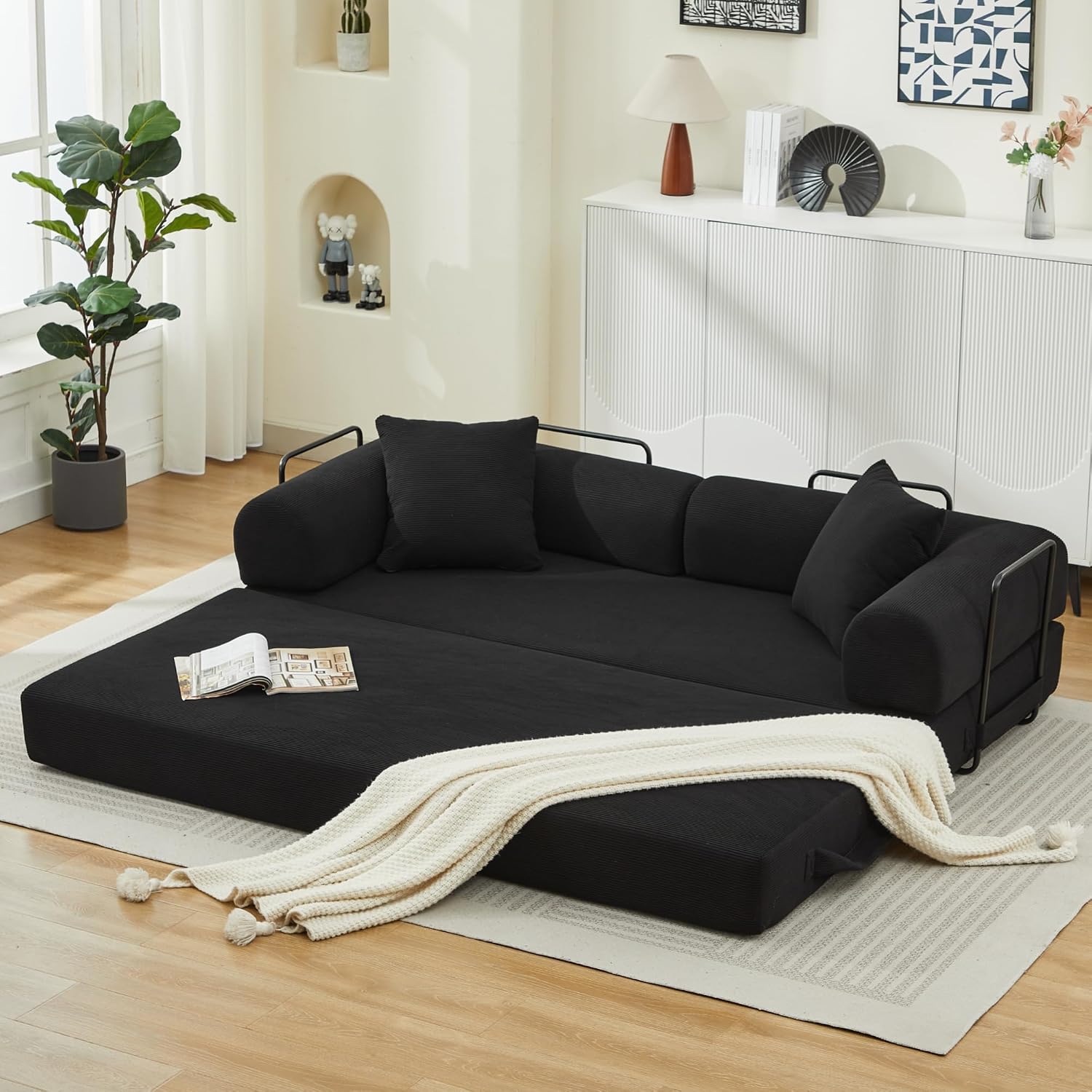 Slaapbank zonder montage – opklapbankbed met corduroy, uitklapbare futon bank met schuimkern en 2 kussens, zwart (zwart, 3-zits)
