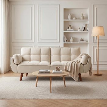 JIEXI Moderne stoffen slaapbank 3-zits, converteerbare futonbank met 3 verstelbare hoeken, 180 cm woonkamerbank met houten poten, zwaar belastbaar, 230 kg, grijs (180 cm, beige)