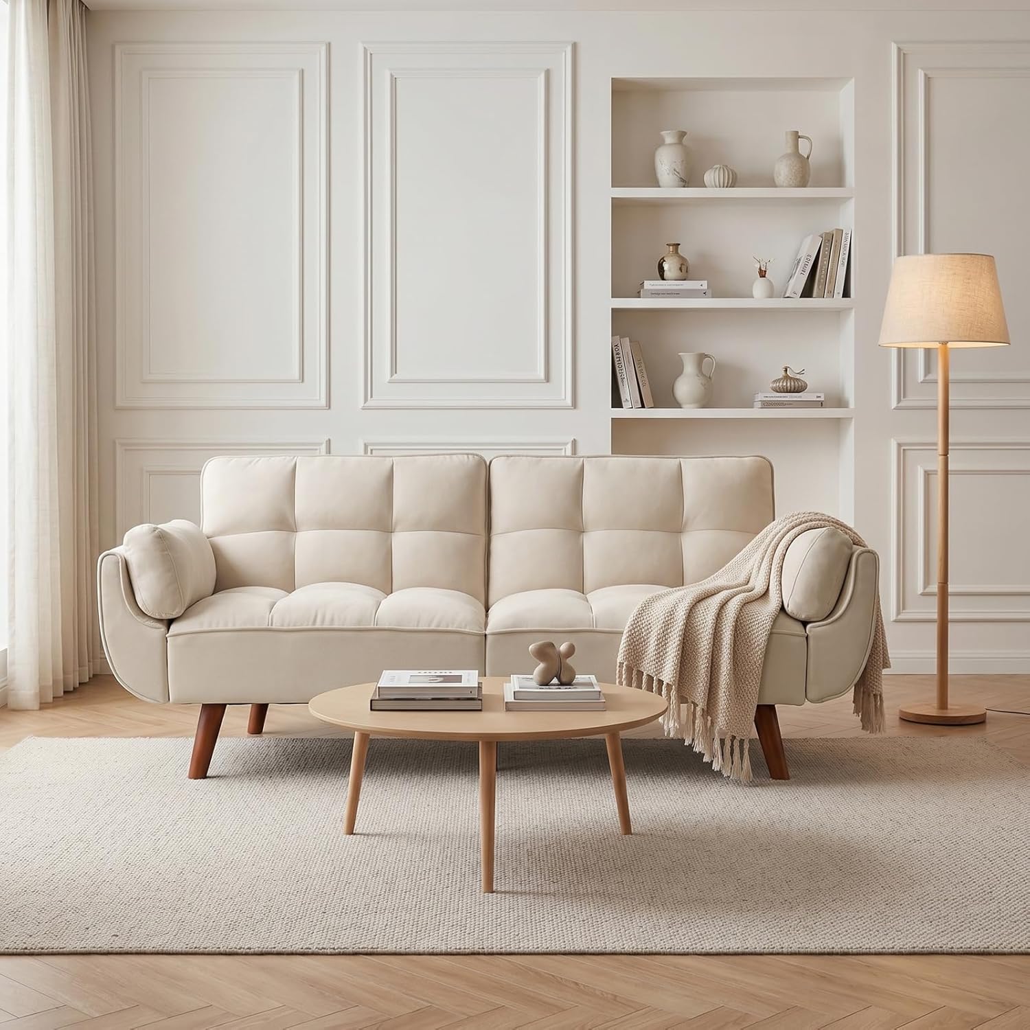 JIEXI Moderne stoffen slaapbank 3-zits, converteerbare futonbank met 3 verstelbare hoeken, 180 cm woonkamerbank met houten poten, zwaar belastbaar, 230 kg, grijs (180 cm, beige)