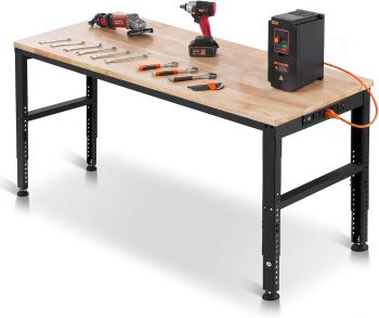 VEVOR Werkbank, 1549 x 508 mm werkplaatstafel, in hoogte verstelbaar 688-910 mm, 900 kg capaciteit, incl. stroomaansluitingen, hardhouten oppervlak, metalen frame & voetpads, ideaal voor garage