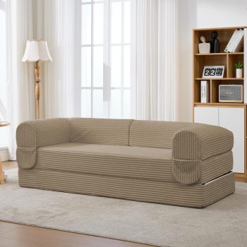 Modulaire 2-zits slaapbank van zachte corduroy stof, converteerbare vloerslaapbank, boneless bank, bank met slaapfunctie, antislip onderkant, voor woonkamer, appartement en logeerkamer, bruin