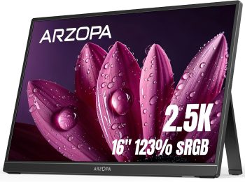 ARZOPA 2,5K Draagbare Monitor 16 Inch - 2560x1600 QHD, HDR 10-bit, 16:10 IPS - USB-C en HDMI Aansluiting, Oogbescherming - Externe Monitor voor Laptop, Mac, PC, Telefoon, PS4/5, Xbox, Switch - Z1RC
