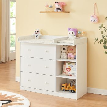 [en.casa] Luiercommode Beldinupp witte commode met afneembare verschoonunit 3 lades en 3 open vakken