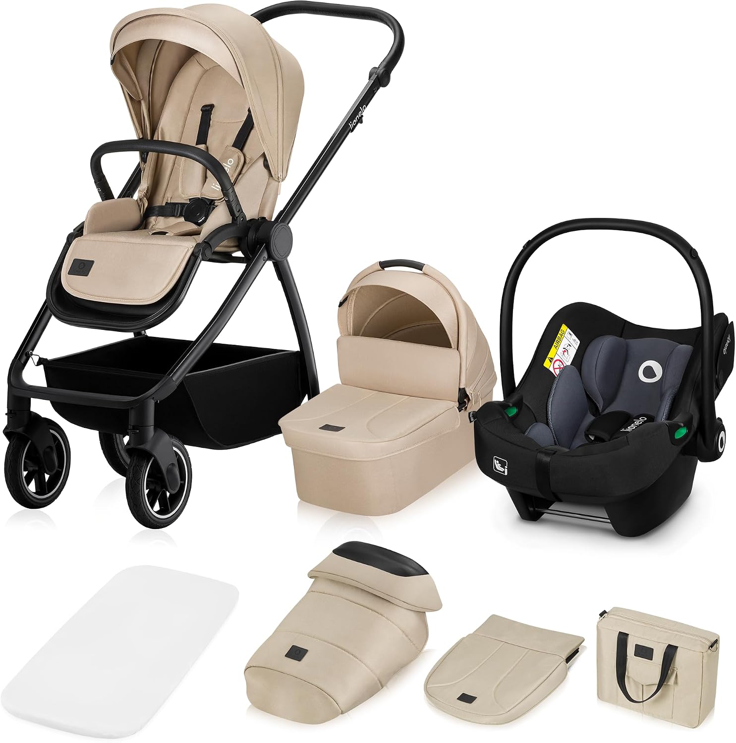 LIONELO Meril 3in1 Kinderwagen - Buggy, 0-48 mnd (tot 22kg) – ADAC Autostoel, XXL jaarronde Reiswieg met Draagfunctie, 360° All‑terrain Wielen vering, Universele Adapters, Reflectoren (Beige)
