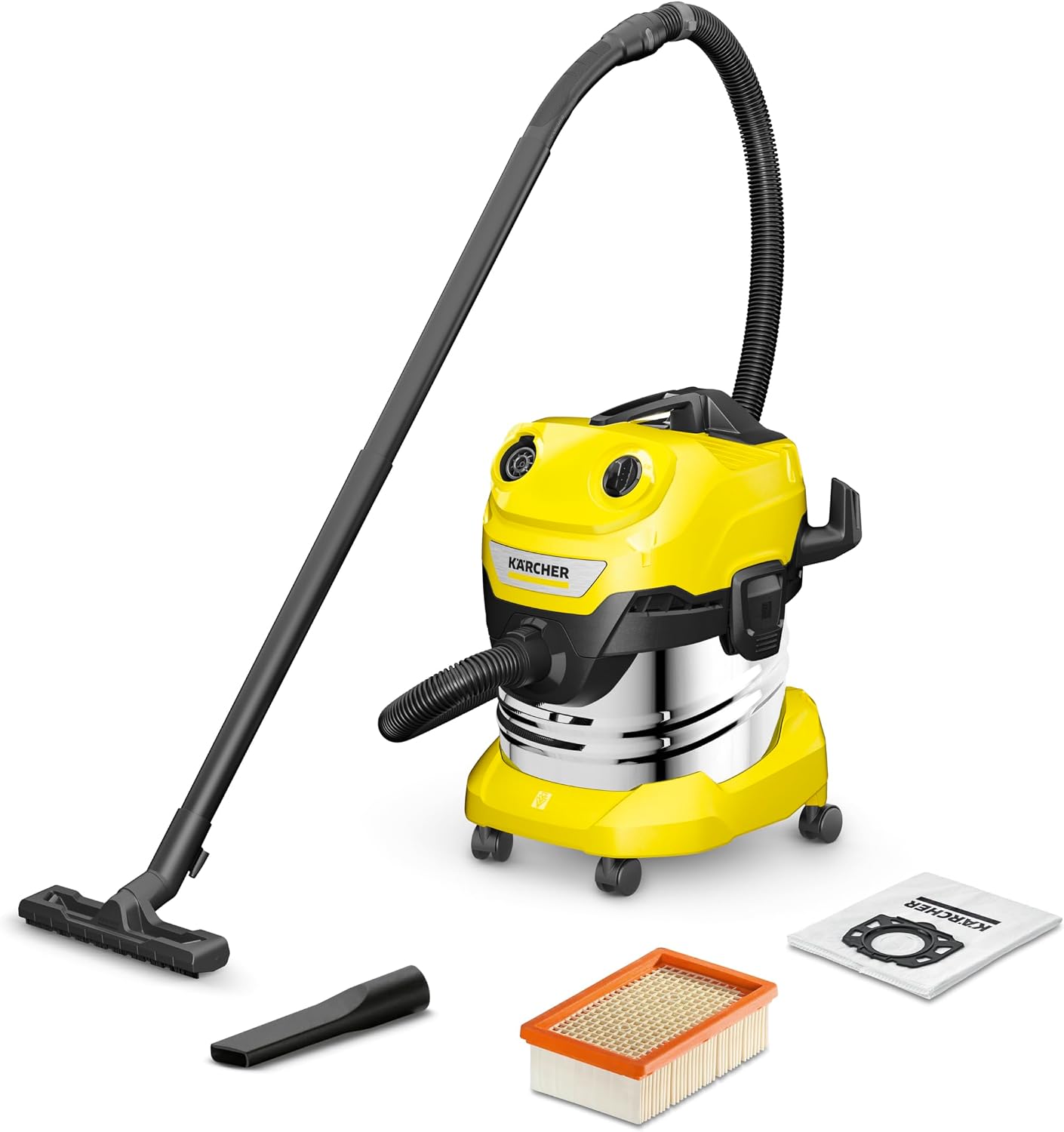 Kärcher WD 4 S V-20/5/22 nat- en droogzuiger, 20 l roestvrijstalen reservoir, 1000 W, 5 m kabel, 2,2 m zuigslang, clip-vloerzuigmond, Pull & Push"-sluitsysteem, geel
