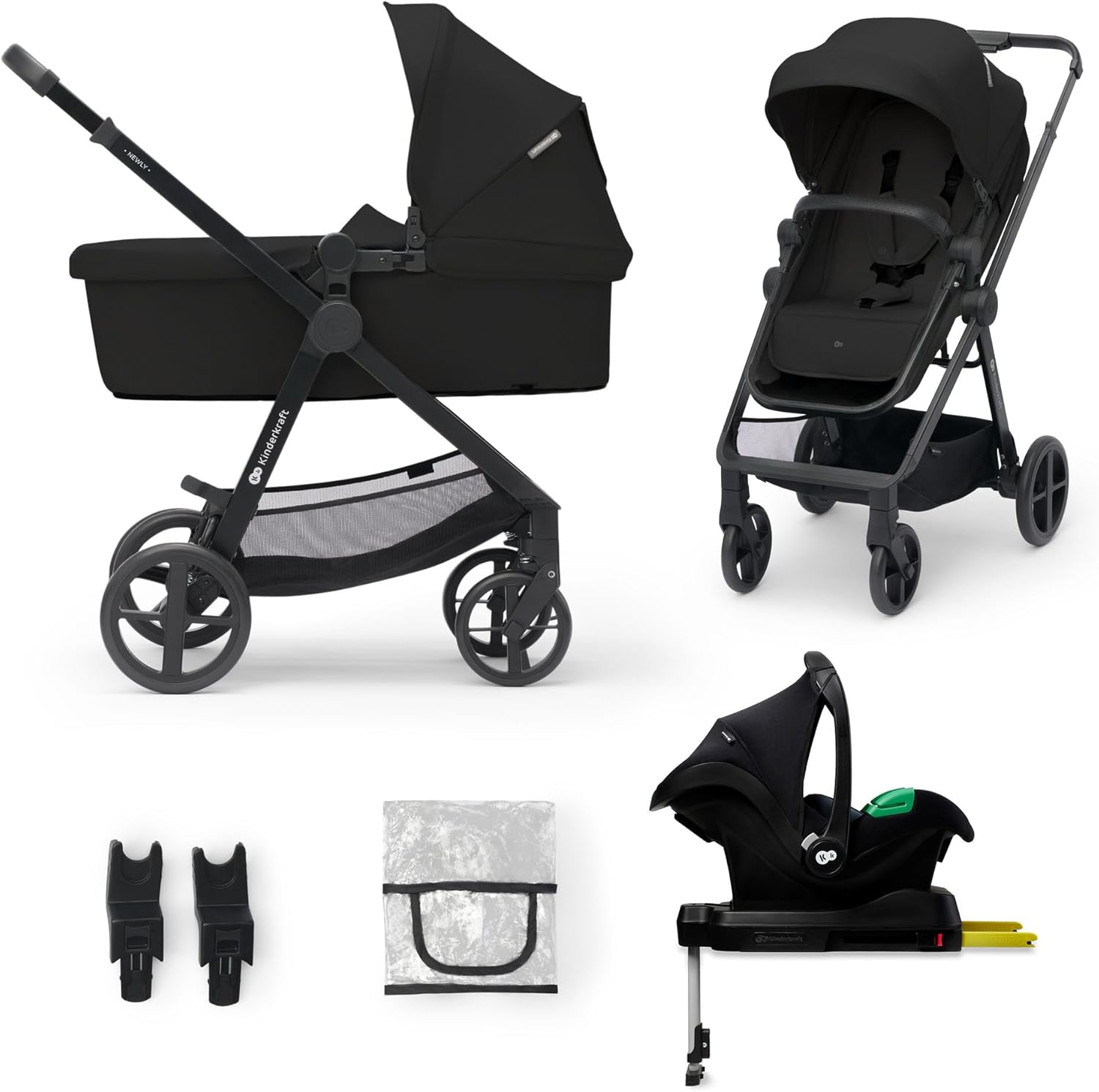 Kinderkraft NEWLY Kinderwagen 4 in 1 tot 22 kg, Autostoel MINK PRO I-Size 40-75 cm, Met Base, Lichtgewicht Combikinderwagen, Set, Reissysteem, Voetenzak, Adapters, Waterdichte UPF50+ zonnekap, Black