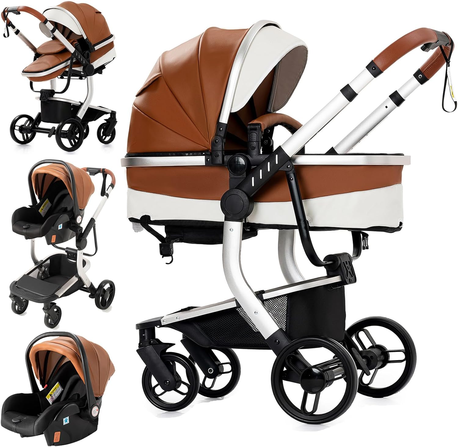 Trio-kinderwagen in PU-leer, 3-in-1 kinderwagen met twee omkeerbare modi om te duwen, trio-kinderwagen met ontwerp dat in één klik opvouwbaar is, aluminium frame, hoog landschapszicht (518