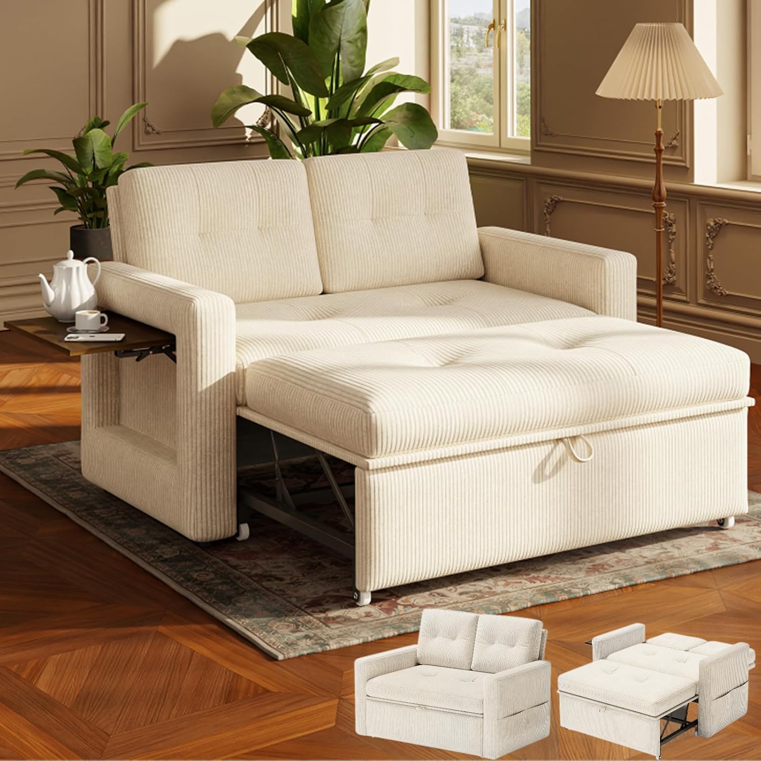 YOUDENOVA Sofa met slaapfunctie, slaapbank met 5-traps verstelbare rugleuning, slaapbank met bedfunctie, bank met tafel en zijvak, 2-zits slaapbank 177 x 135 cm, corduroy beige
