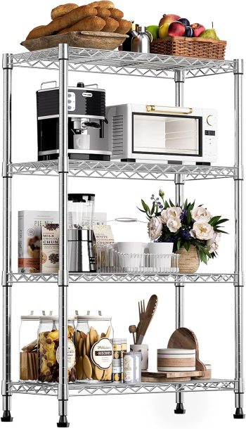 M MZG Metalen Opbergrek met Verstelbare Planken, 4-Laags Stellingkast voor Keuken, Berging, Wasruimte en Garage, Vrijstaand Draadrek, 35×60×135,8 cm, Draagvermogen tot 454 kg, Chroom