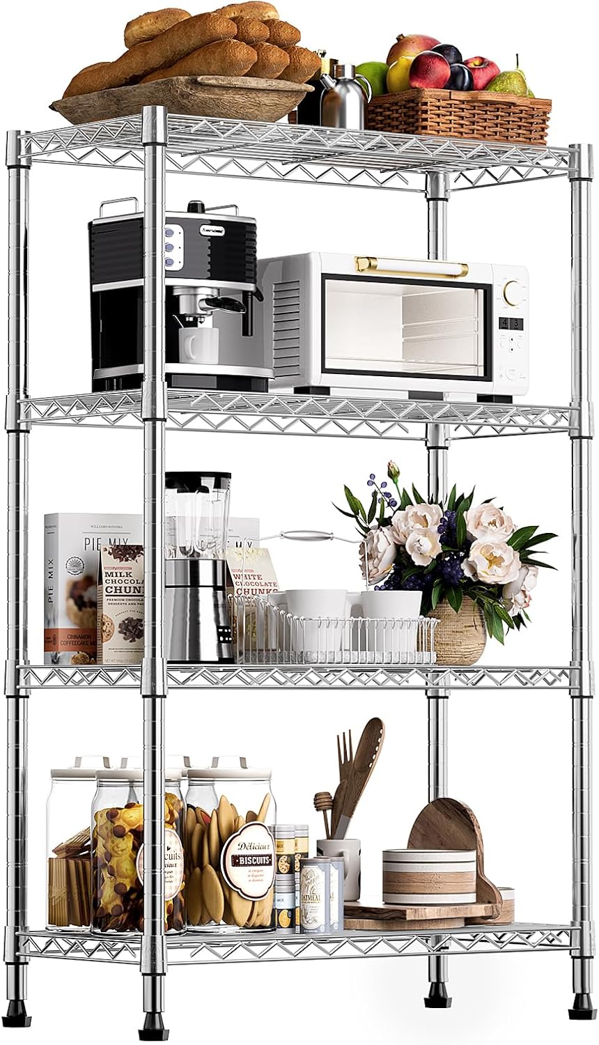 M MZG Metalen Opbergrek met Verstelbare Planken, 4-Laags Stellingkast voor Keuken, Berging, Wasruimte en Garage, Vrijstaand Draadrek, 35×60×135,8 cm, Draagvermogen tot 454 kg, Chroom