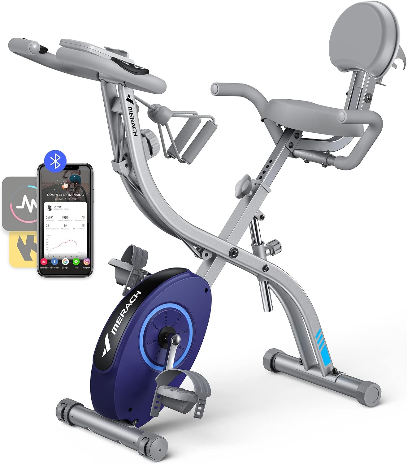 MERACH 4-in-1 Exercise Bike Folding Bike with LCD Monitor and Heart Rate Monitor, Magnetic Exercise Bike with Comfortable Seat Cushion, Fitness Bikes for Home, Space Saving