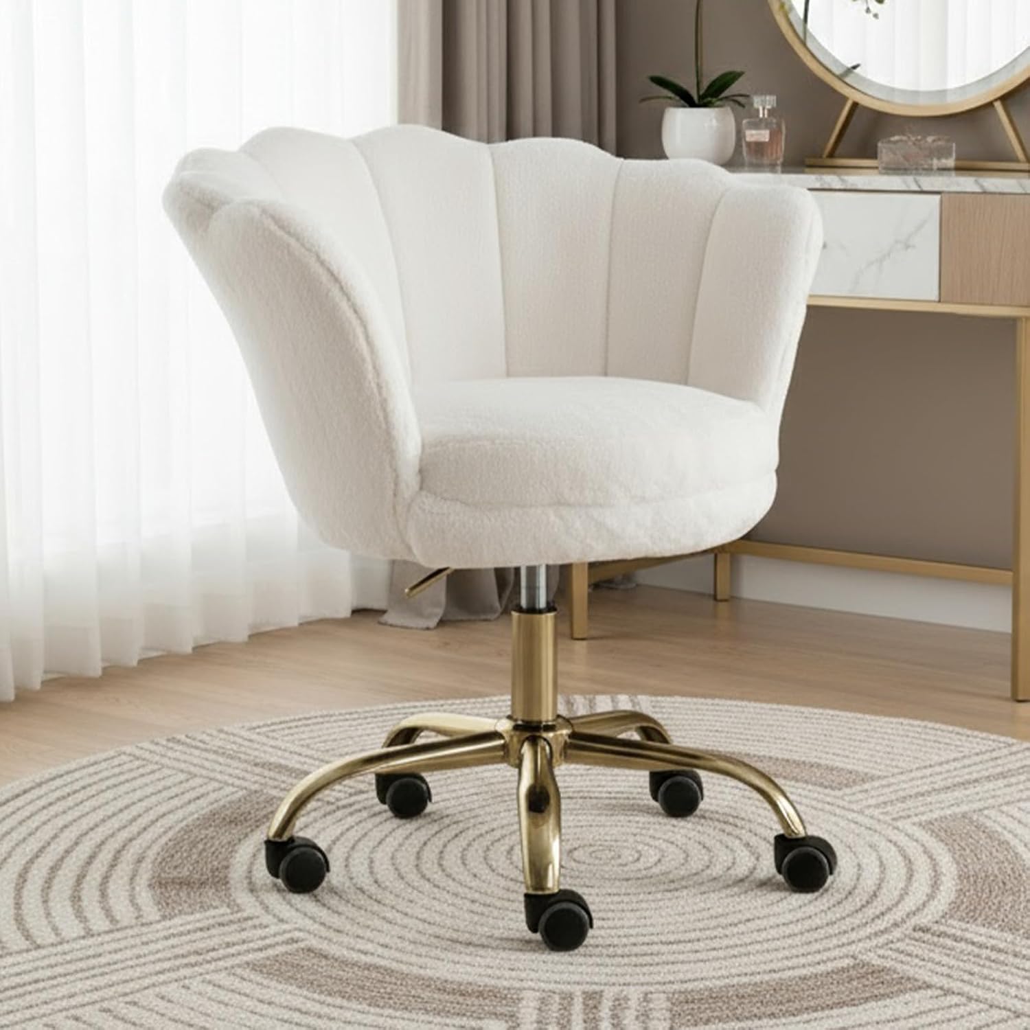 chairus Moderne fluwelen bureaustoel met gouden poten, make-upstoelen, draaibaar, in hoogte verstelbaar, voor slaapkamer, make-uptafel, wit