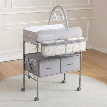 Maydolly inklapbare & in hoogte verstelbare commode voor baby’s, mobiele verschoningstafel met wielen, 2 opbergbakken en waterdicht verschoonkussen, grijs – tot 15 kg