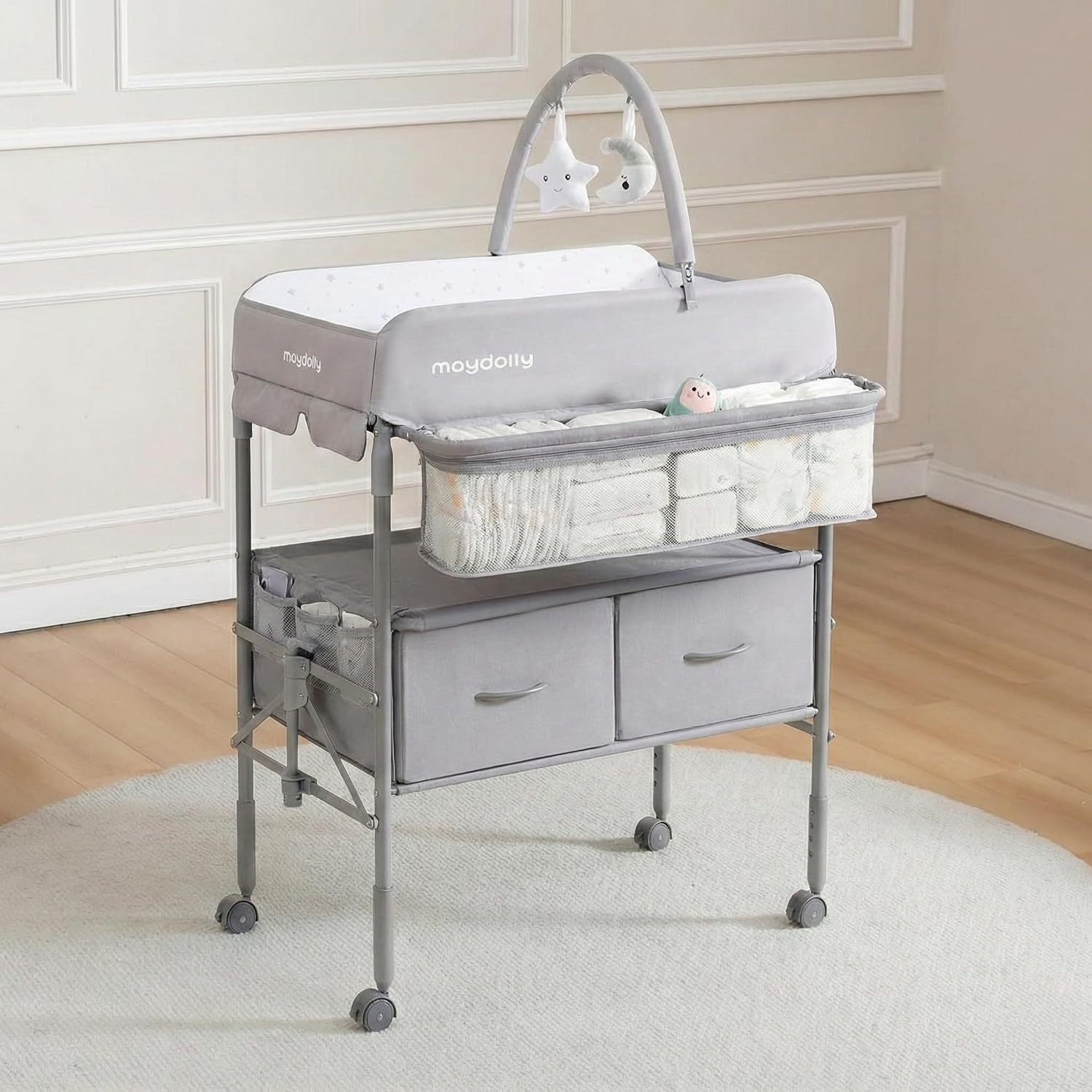 Maydolly inklapbare & in hoogte verstelbare commode voor baby’s, mobiele verschoningstafel met wielen, 2 opbergbakken en waterdicht verschoonkussen, grijs – tot 15 kg