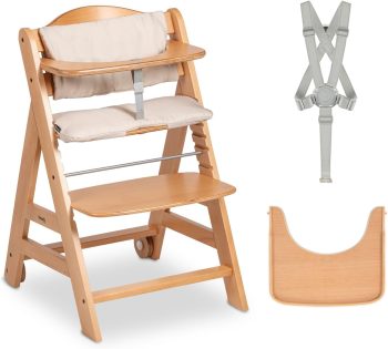 hauck Beta+, Natural - Meegroeiende Houten Kinderstoel Set Met Wielen En Zitkussen Vanaf 6 Maanden Tot 90 kg Inclusief Groot Eetblad Veiligheidsbeugel 5 Punt Gordel En Kruisriem