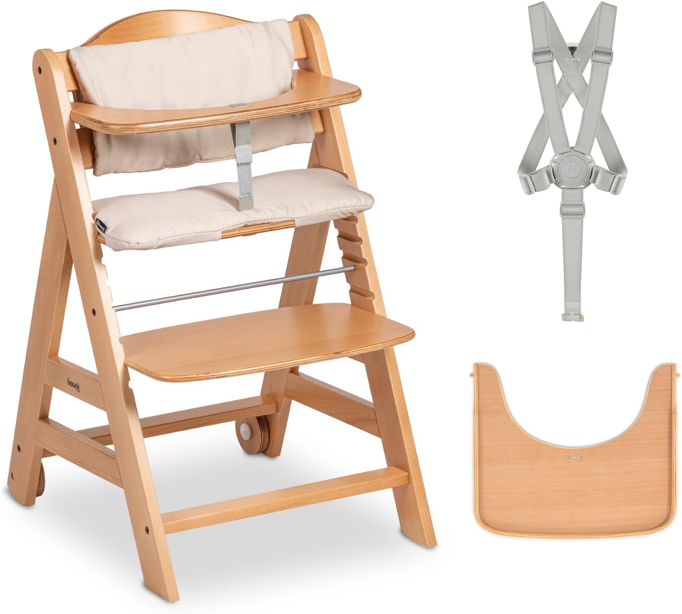 hauck Beta+, Natural - Meegroeiende Houten Kinderstoel Set Met Wielen En Zitkussen Vanaf 6 Maanden Tot 90 kg Inclusief Groot Eetblad Veiligheidsbeugel 5 Punt Gordel En Kruisriem