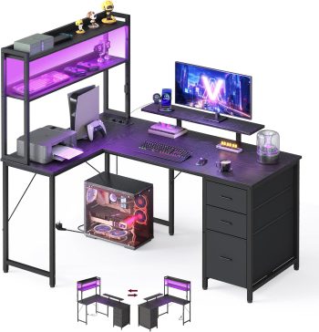 VASAGLE L-Vormig Hoekbureau, Gaming Bureau met LED-Verlichting, 3 Lades