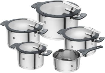 ZWILLING Simplify Edelstahl-Kochtopfset, 5-teilig, Mit integriertem Sieb im Deckel, Induktionsgeeignet, Silber-Schwarz