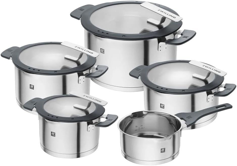 ZWILLING Simplify Edelstahl-Kochtopfset, 5-teilig, Mit integriertem Sieb im Deckel, Induktionsgeeignet, Silber-Schwarz