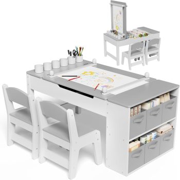MAMIZO Kindertafel met 2 stoelen, houten kindertafel, speeltafel met opbergruimte, 3-delige kinderzitgroep met omkeerbaar tafelblad, schilder- en knutseltafel voor kinderen, schildertafel voor