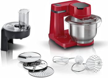 Bosch, MUM Serie 2 keukenmachine, 700 Watt, 4 snelheidsstanden, kom van 3,8 l, garde, roerstaaf en kneedhaak, opzetstuk met 3 snij- en raspschijven, MUMS2ER01, rood