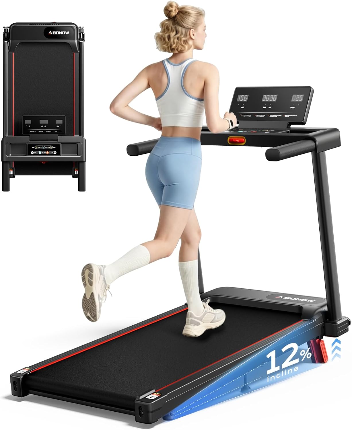 Abonow Loopband voor thuis met helling 12%,10 km/u, Met leuning,Inklapbare Loopband met Helling,Treadmill Wandelpad met 3.0 PK motor en LED-display, maximale belasting 136 kg
