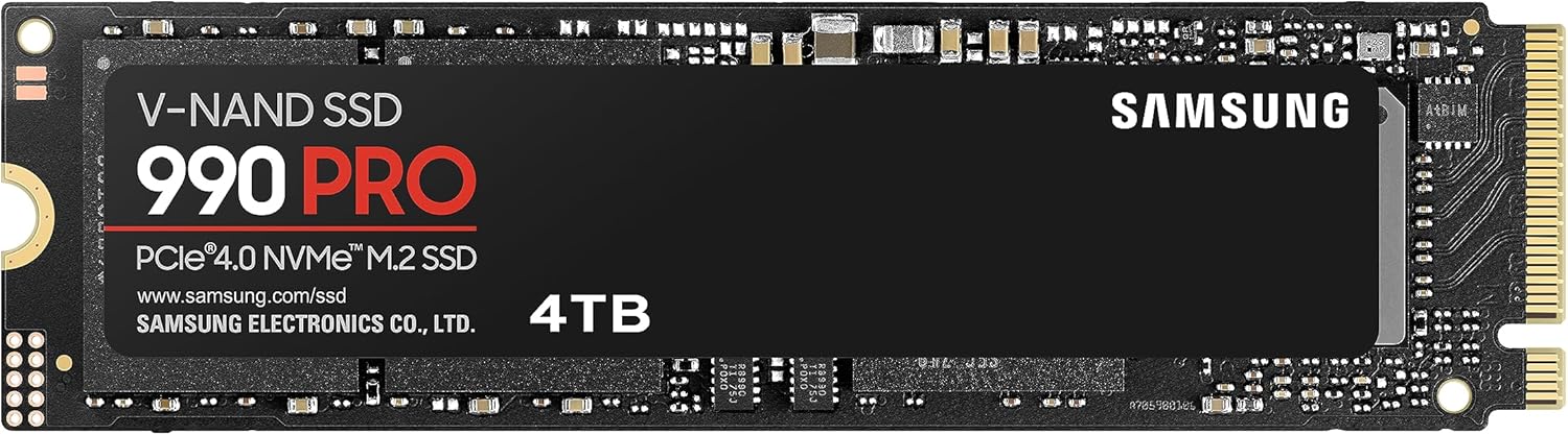 Samsung SSD 990 PRO, 4TB, NVMe M.2, PCIe 4.0, 7.450 MB/s lezen, 6.900 MB/s schrijven, interne SSD, voor gaming en videobewerking, MZ-V9P4T0BW