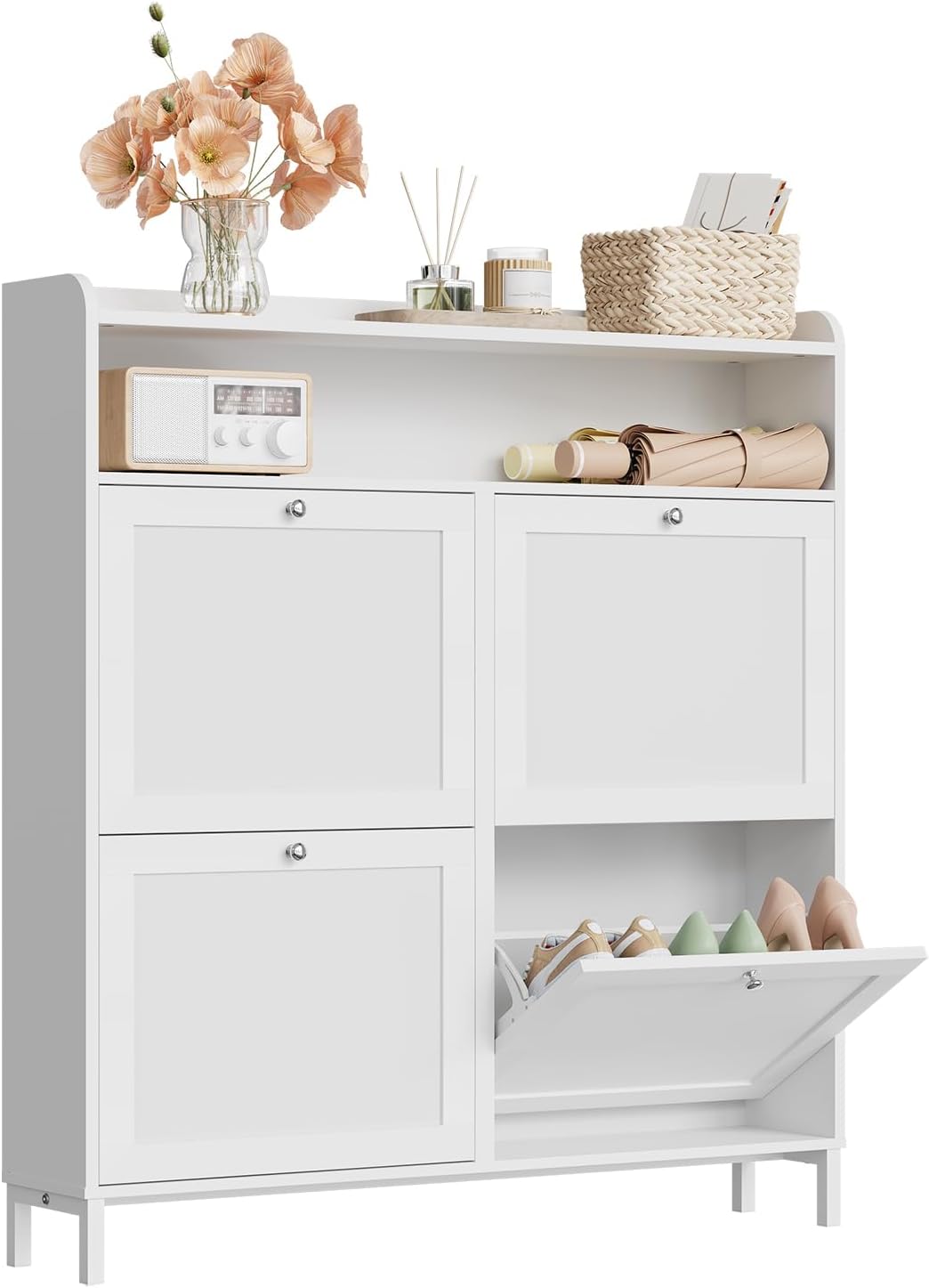 WOLTU Schoenenkast met 4 kleppen, schoenenrek schoenenkast smal, ruimtebesparend en robuust, voor 8-12 paar schoenen, krasbestendig, 100 x 107 x 19,5 cm, wit