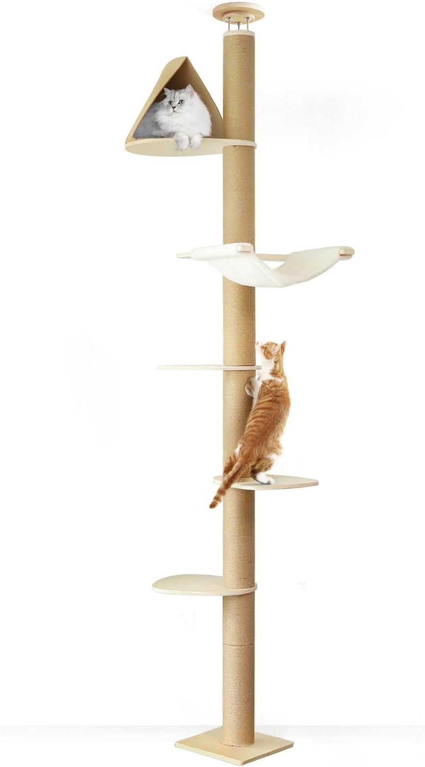 FUKUMARU Krabpaal voor katten, aan het plafond, 6 hoogtes, verstelbaar (1,8-3 m), klimtoren met versterkte stang, activiteitencentrum met tent en zachte hangmat voor katten, beige