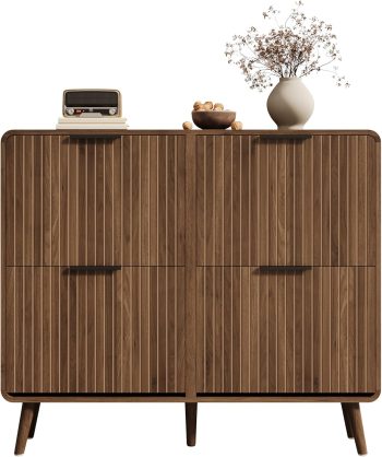 HAINEW Schoenenkast Schoenenrek met 4 kleppen en houten poten, schoenenrek schoenenopslag met metalen handvat, gebogen rand, 105 × 24 × 90 cm, walnootkleur, HNDE25120105