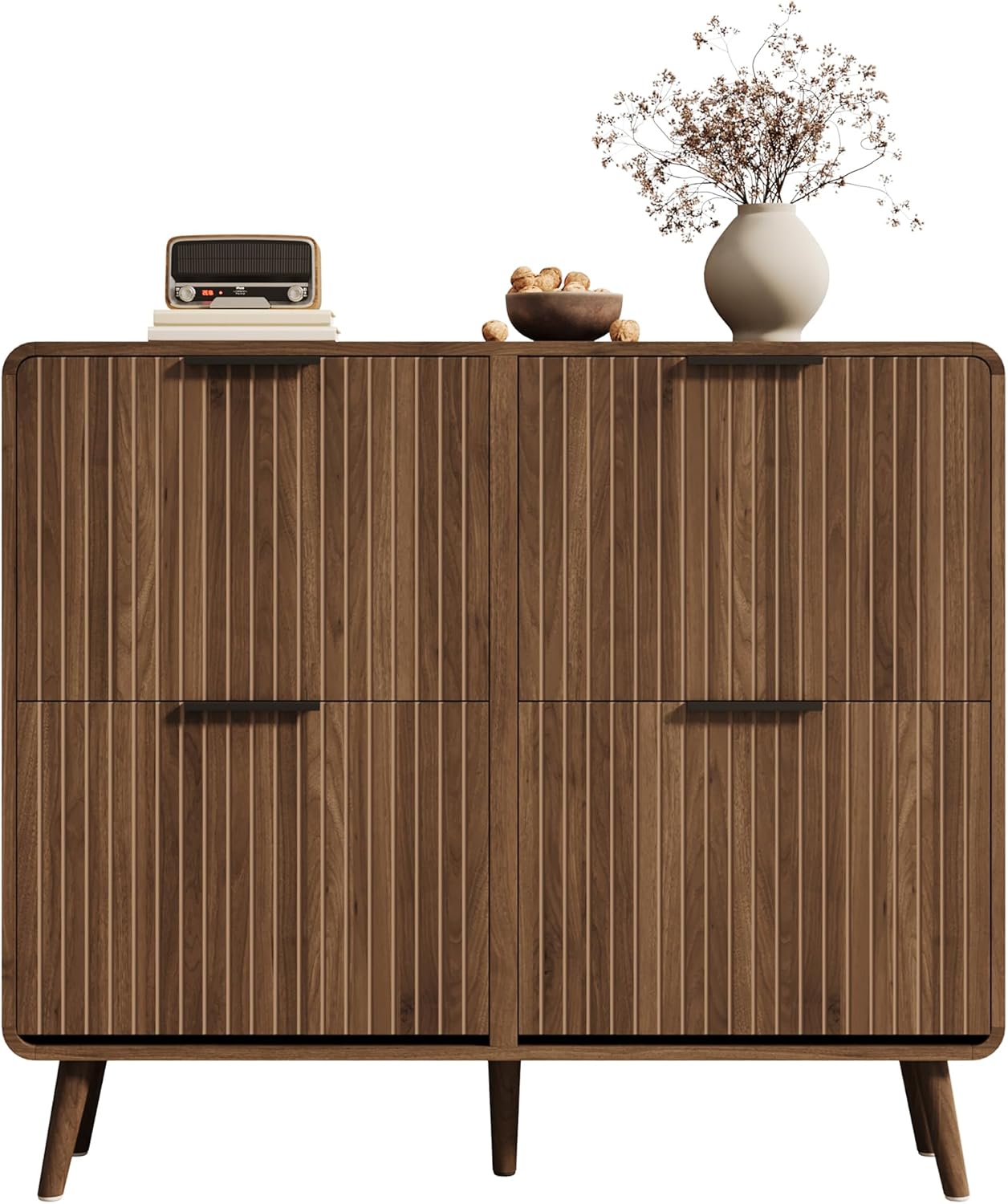 HAINEW Schoenenkast Schoenenrek met 4 kleppen en houten poten, schoenenrek schoenenopslag met metalen handvat, gebogen rand, 105 × 24 × 90 cm, walnootkleur, HNDE25120105