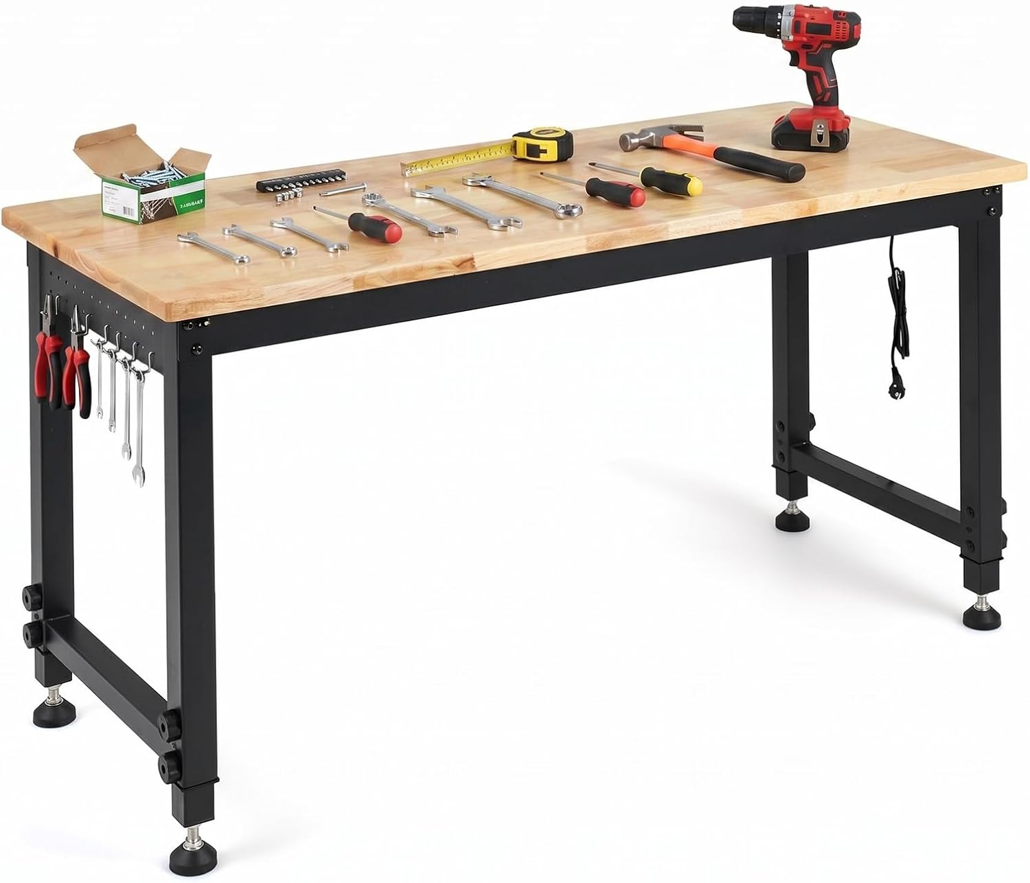 COSTWAY 122 cm zware werkbank, in hoogte verstelbare werktafel met metalen frame, perforatiewand, stopcontact en 2,5 cm massief houten plaat, werktafel voor werkplaats, garage en thuis, belastbaar tot