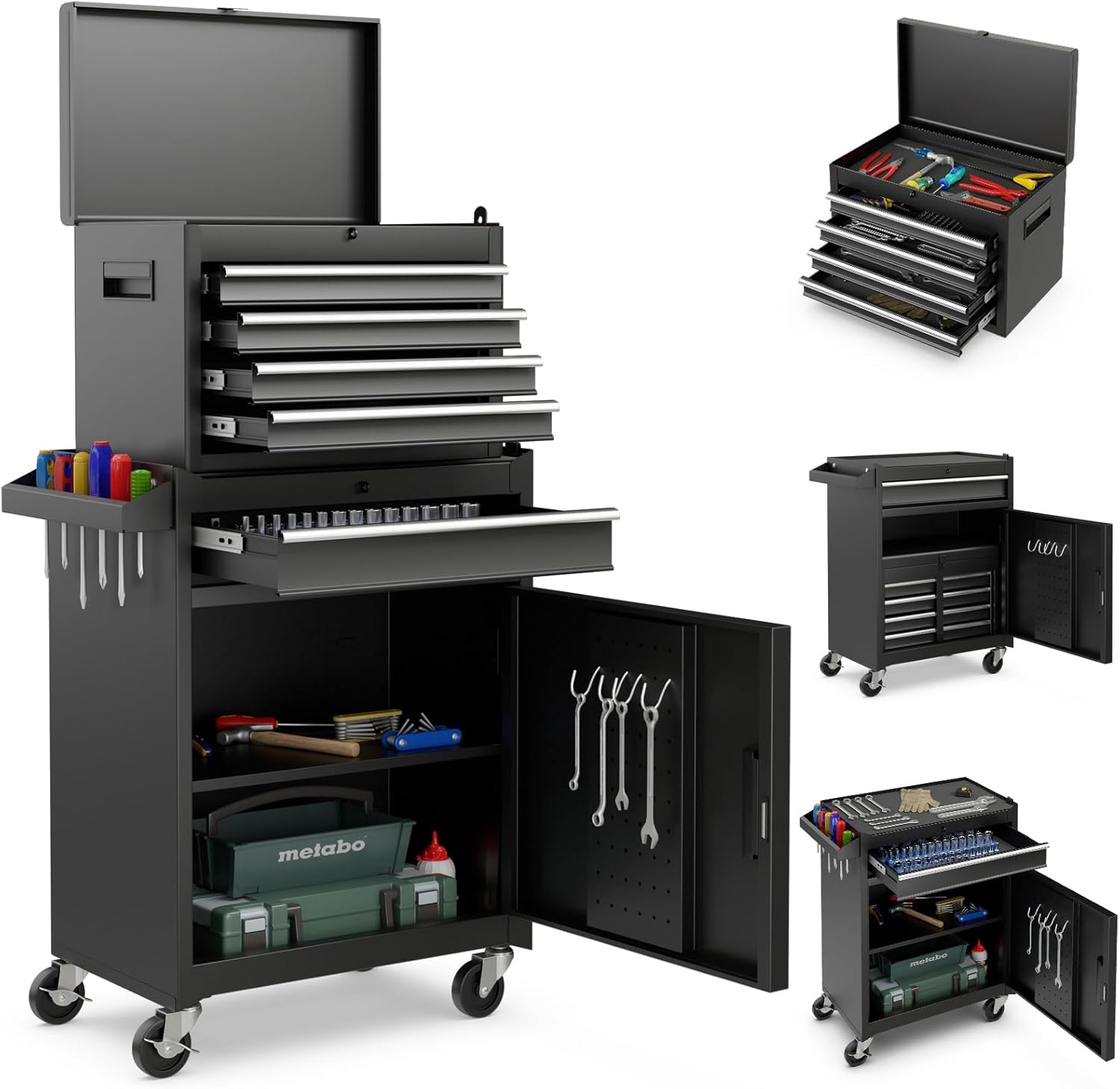 COSTWAY 2-in-1 werkplaatswagen inclusief koffer, 8 vakken, haken, verstelbaar rek, afsluitbaar op wielen zonder gereedschap, professionele werkplaatswagen, metaal, 100 kg draagkracht, 59 x 28 x 102 cm