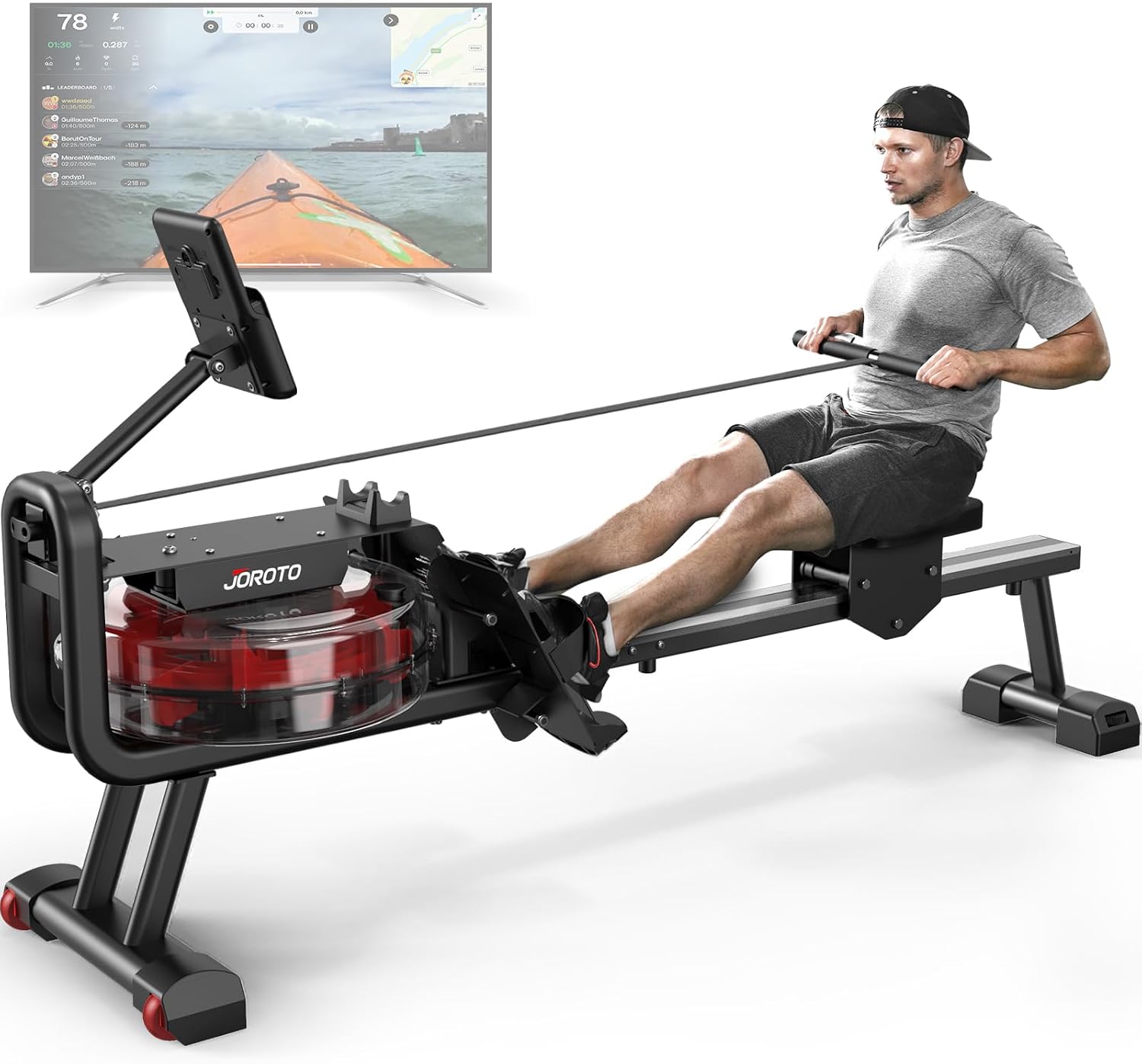 JOROTO Roeitoestel voor thuis, roeimachine met waterweerstand, 150 kg gewichtscapaciteit, roeimachine met bluetooth-functie, iPad-houder