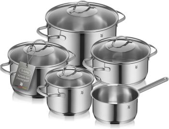 WMF 0721056380 Plus 5-delige pannenset, inhoud 3 kookpan hoog (16,20,24 cm) 1 kookpan laag 20cm, 1 steelpan 16cm, Alle Warmtebronnen incl. Inductie, Cromargan 18/10 RVS, Glazen Deksel