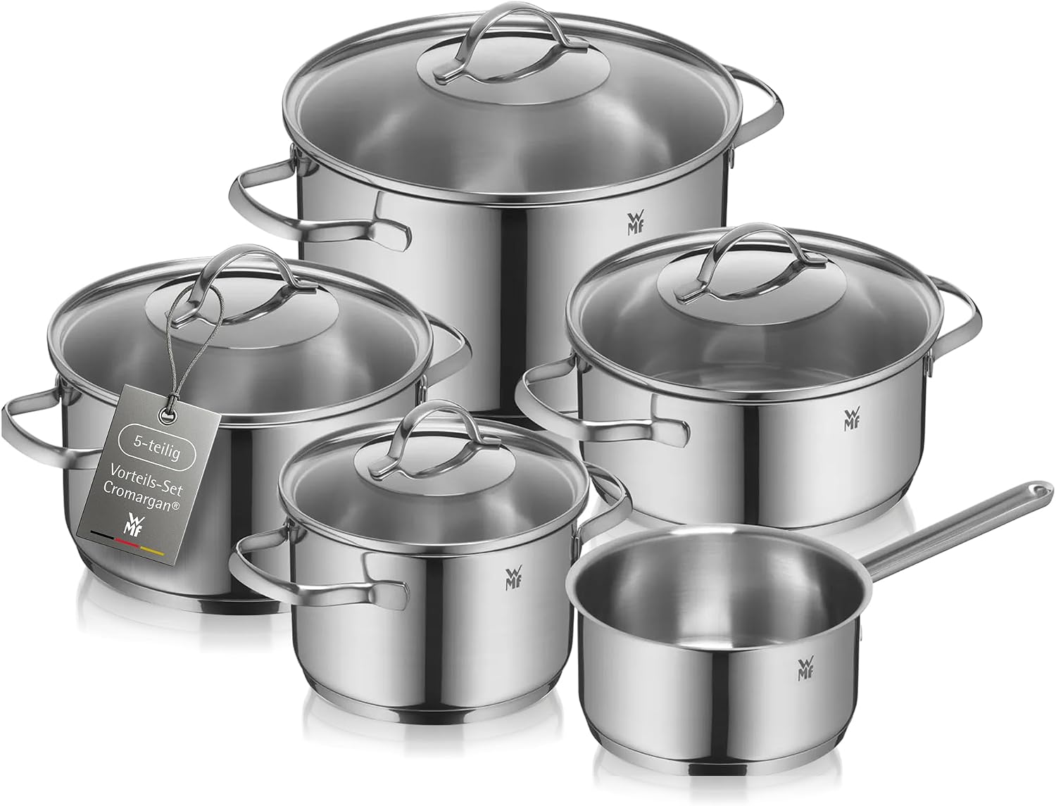 WMF 0721056380 Plus 5-delige pannenset, inhoud 3 kookpan hoog (16,20,24 cm) 1 kookpan laag 20cm, 1 steelpan 16cm, Alle Warmtebronnen incl. Inductie, Cromargan 18/10 RVS, Glazen Deksel