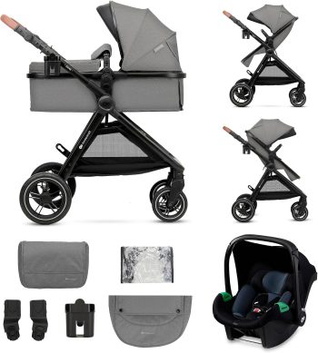 Kinderkraft ESME Mink Pro I-Size 3-in-1 autostoel met draagzak, reissysteem, babybuggy, opvouwbare kinderwagen, voor pasgeborenen tot 4 jaar, grijs