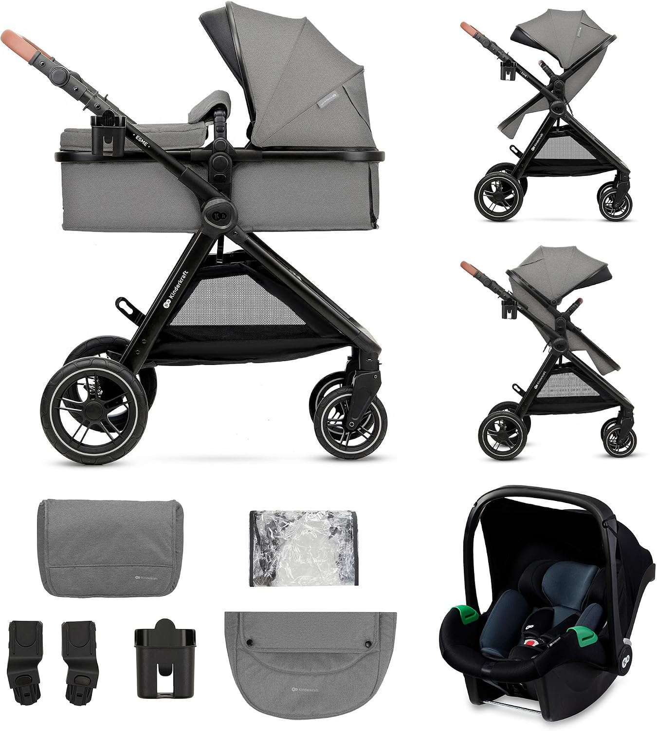 Kinderkraft ESME Mink Pro I-Size 3-in-1 autostoel met draagzak, reissysteem, babybuggy, opvouwbare kinderwagen, voor pasgeborenen tot 4 jaar, grijs