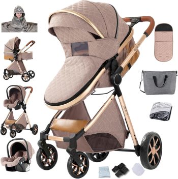 3-in-1 kinderwagen, trio voor pasgeborenen, omkeerbaar, inklapbaar, one-click en complete accessoires, dubbele remmodus voor voor- en achterwielen (V9 kaki)