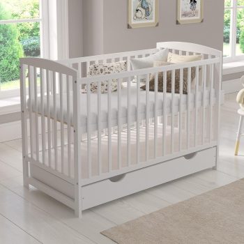 Ledikant Baby,Wit Babybed, Babybedje met Lade 120x60cm + Schuimstofmatras + Veiligheidsrooster van Hout + Beschermende mantel