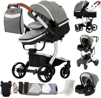 Kinderwagen van PU-leer, 3-in-1, draagbaar, inklapbaar, hoge landschapskar, kan vooruit en achteruit worden geschoven, multifunctionele kinderwagen (M518 grijs)