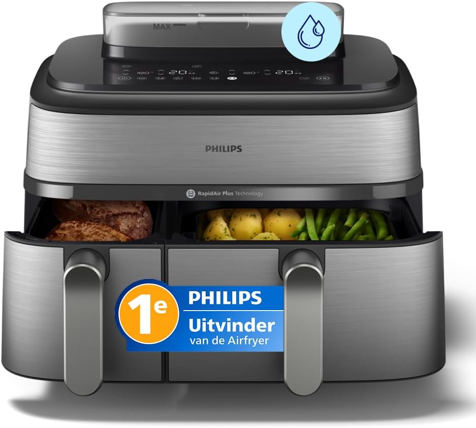 Philips Airfryer 5000 Series Dual Basket met stoom – Airfry, Stoom & Steamfry, Auto SteamClean, 19 bereidingswijzen, 9L capaciteit, RapidAir Plus-technologie (NA555/00)