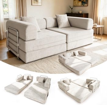 Slaapbank, 200 cm breed, boneless bank met zachte chenillestof, modulaire vloerbank, inklapbaar, 3-zitsbank met slaapfunctie, wasbare overtrek, metalen frame en 2 kussens, crèmewit