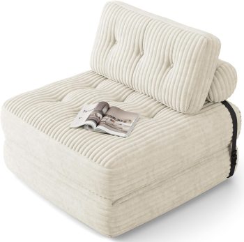 Xbro Opvouwbare 2-in-1 Slaapbank, Verstelbare Rugleuning, Draagbaar Corduroy Bankstel, Schuimvulling, Voor Kleine Ruimtes, 180x85cm Uitgeklapt, (Wit)