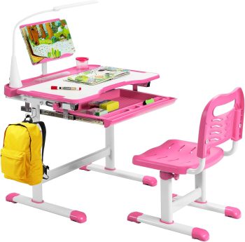 COSTWAY Kinderbureau en stoelen set, in hoogte verstelbare kinderen studie tafel en stoel set met boek standaard, LED-licht, gekanteld tafelblad, uitschuifbare lade, etui, thuis school kinderen tafel en stoel set voor jongens en meisjes (Roze)